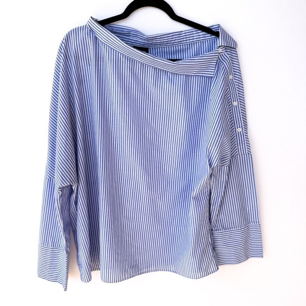 Who What Wear Blue White Striped Long Sleeve Boatneck Long Sleeve Shirt XL - Picture 2 of 8